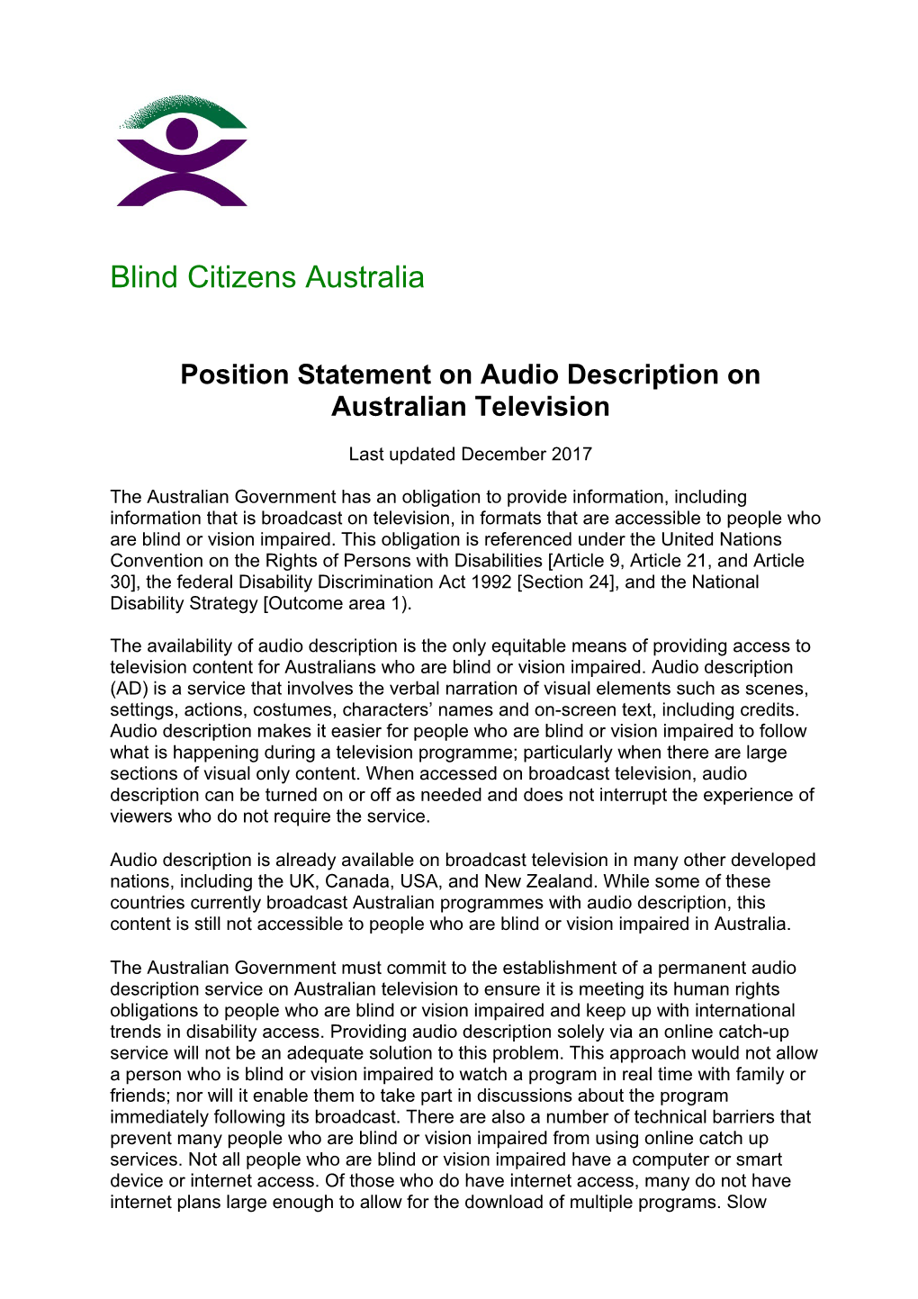 Position Statement on Audio Description on Australian Television