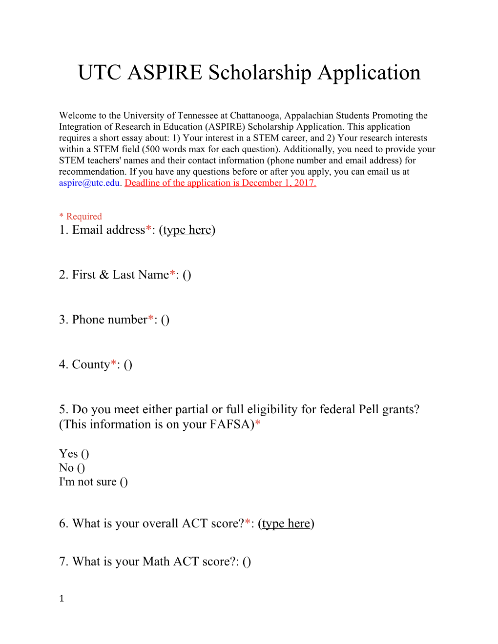 UTC ASPIRE Scholarship Application