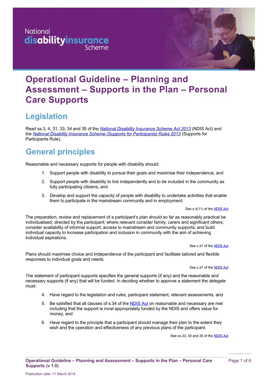 Operational Guideline Planning and Assessment Supports in the Plan Personal Care Supports