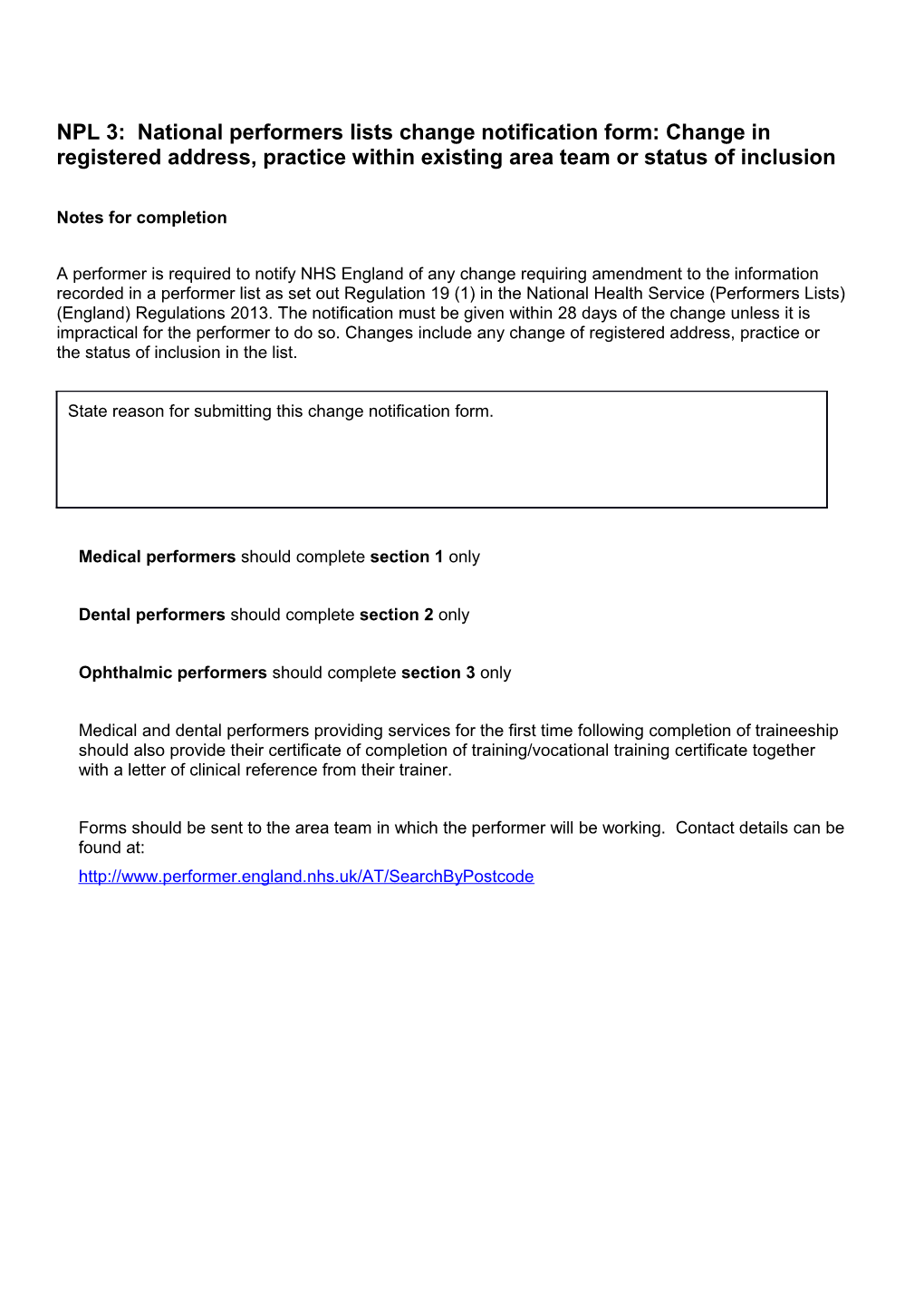 NPL 3: National Performers Lists Change Notification Form: Change in Registered Address