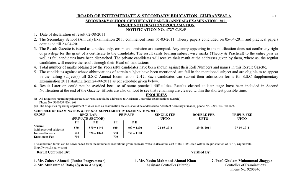 Secondary School Certificate Part-Ii (Annual) Examination, 2011