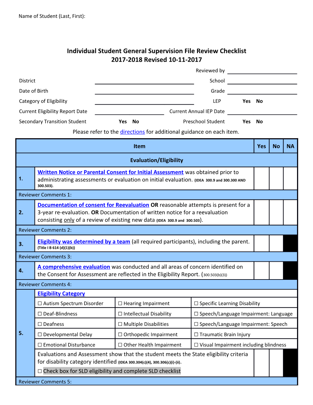 Special Education File Review Summary