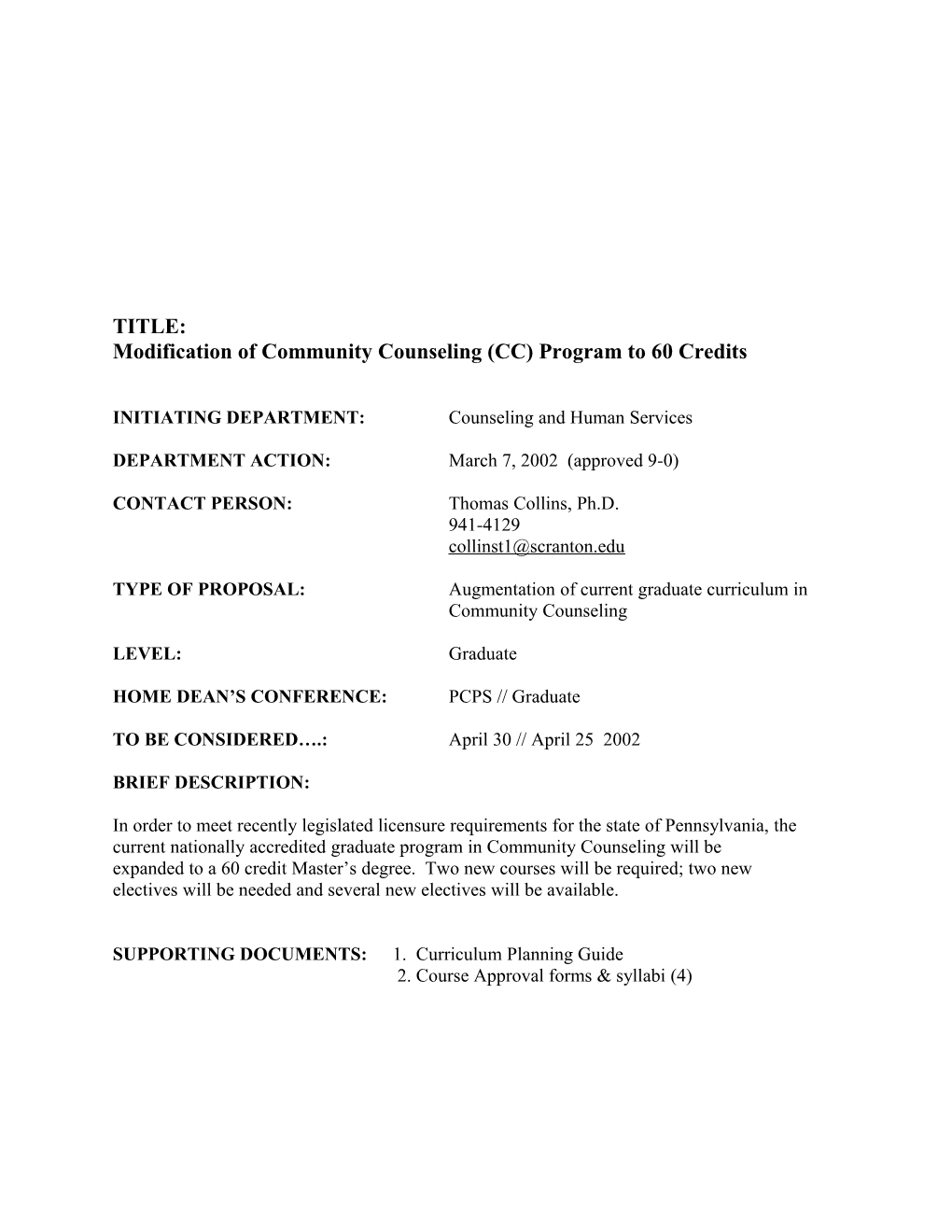 Modification of Community Counseling (CC) Program to 60 Credits