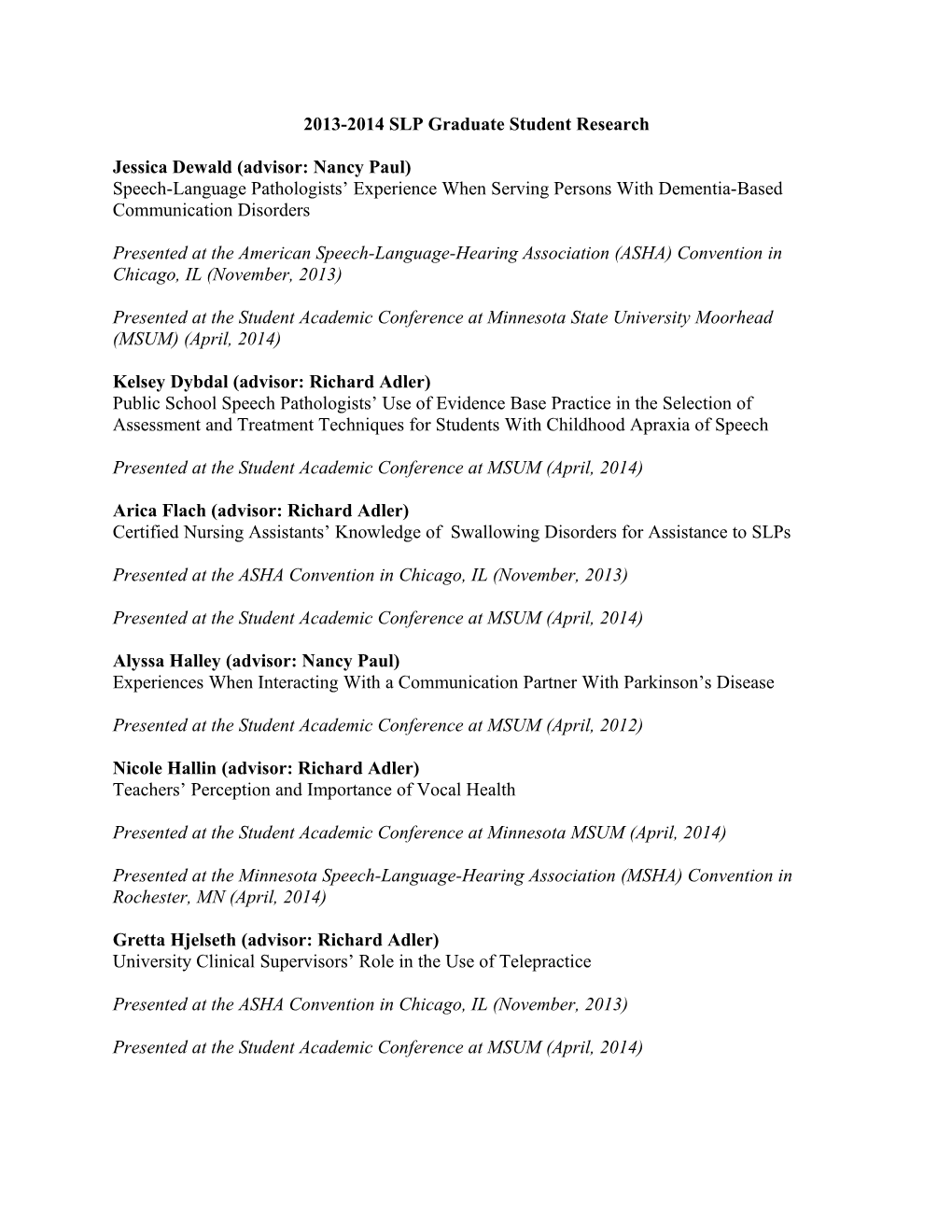 2013-2014 SLP Graduate Student Research