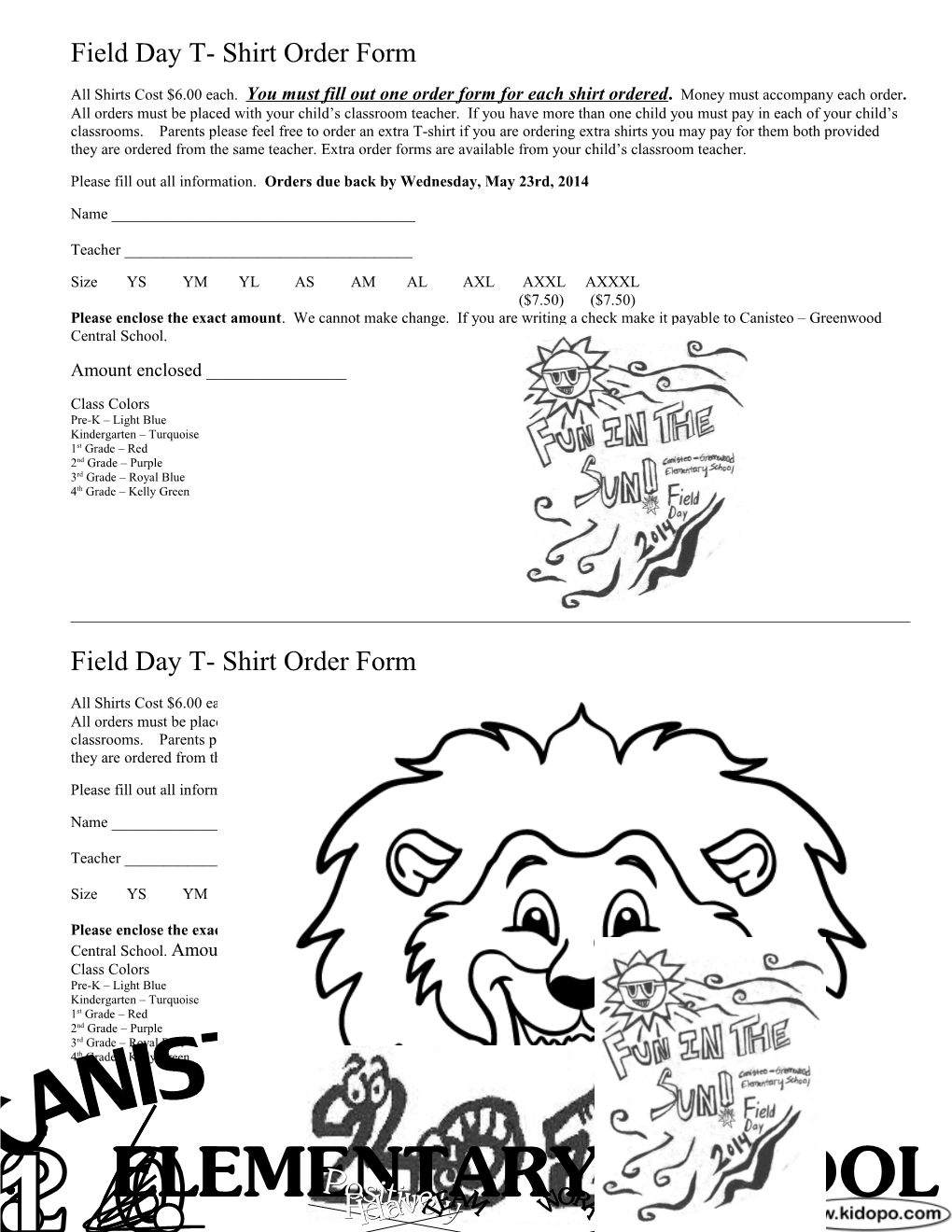Field Day T- Shirt Order Form