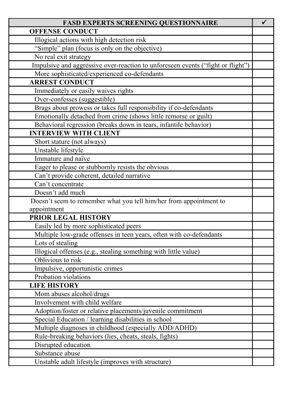 Fasd Experts Screening Questionnaire