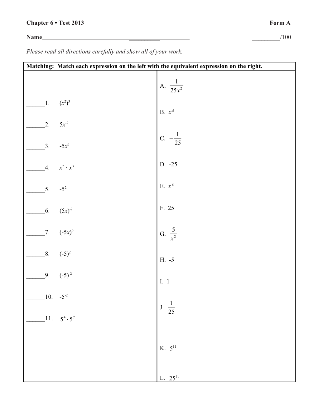 Chapter 6 Test 2013 Form A