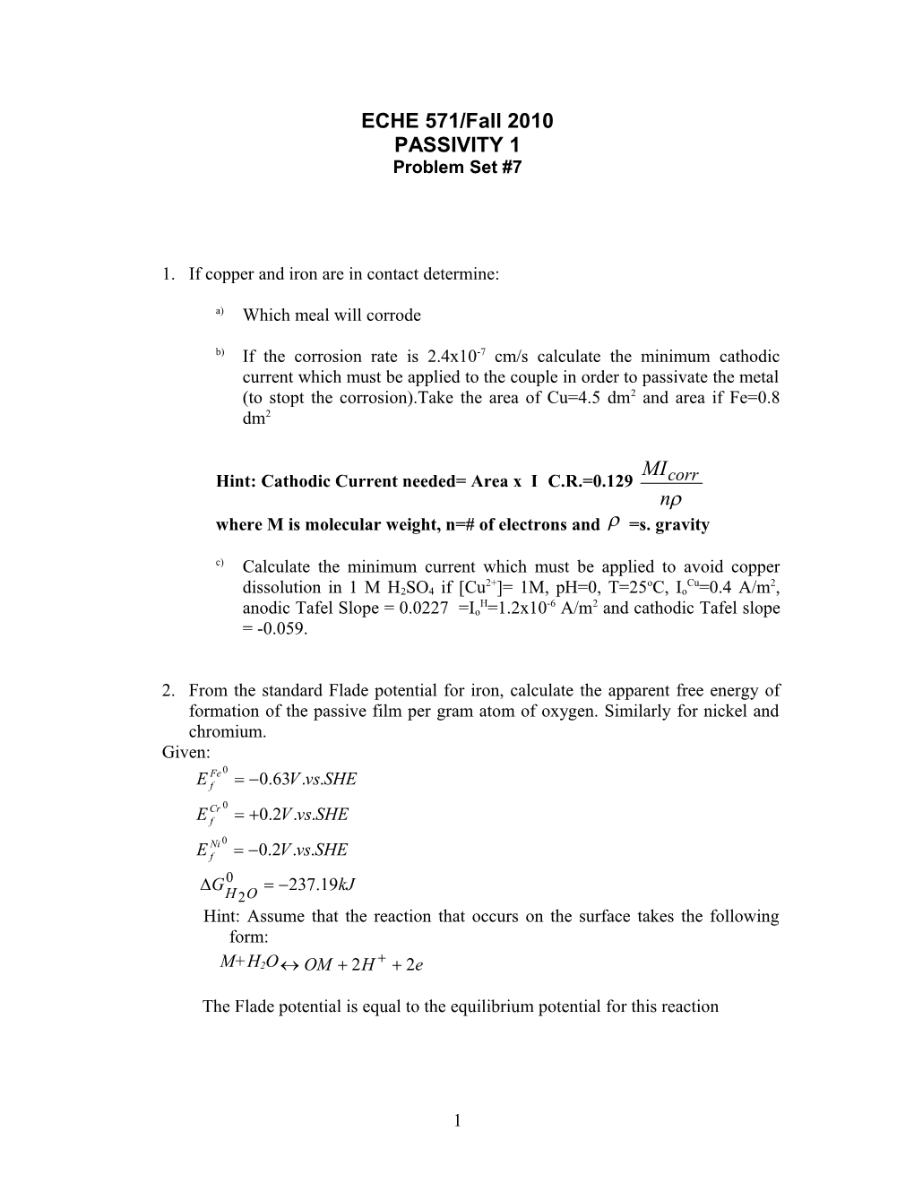 1. If Copper and Iron Are in Contact Determine