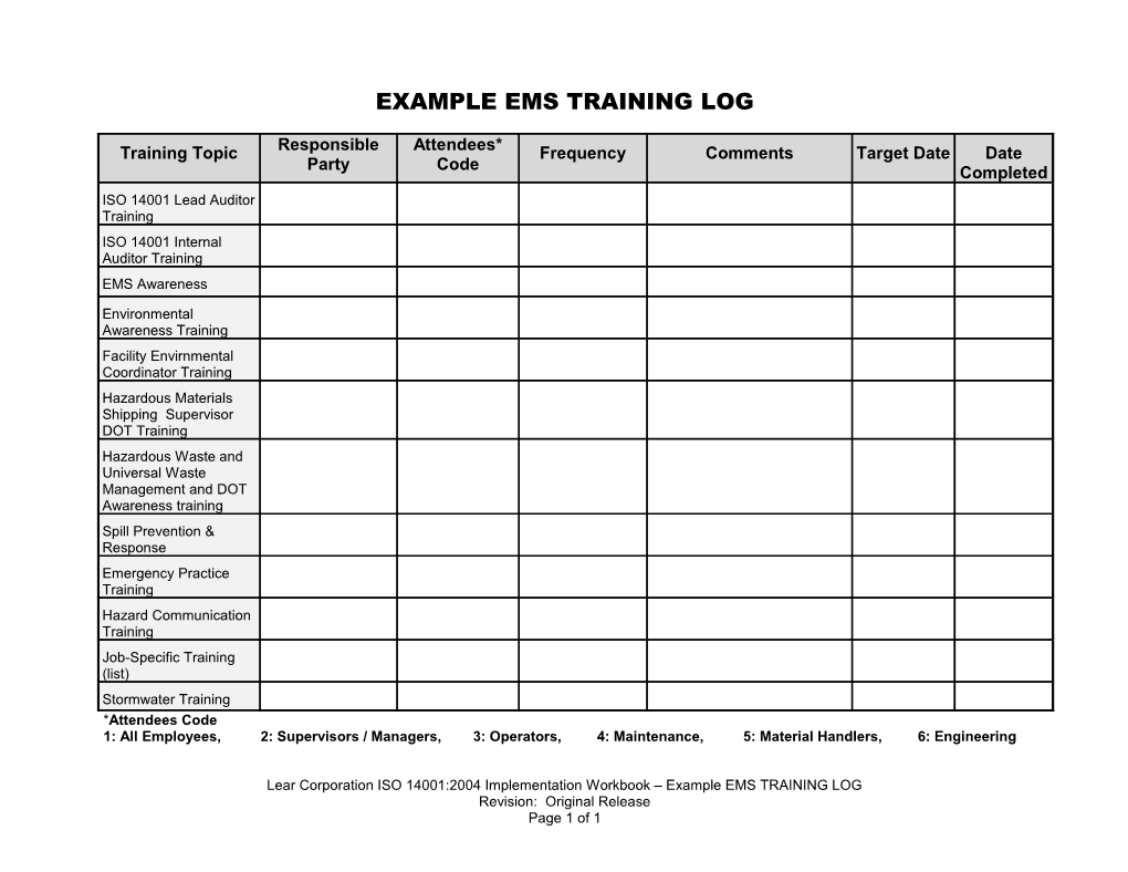 EMS Training Log (Sample)