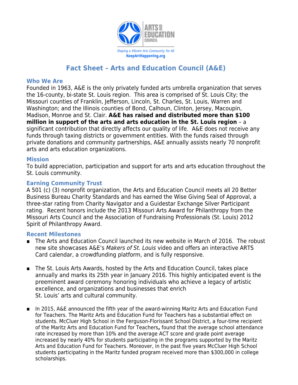 Fact Sheet Arts and Education Council (A&E)