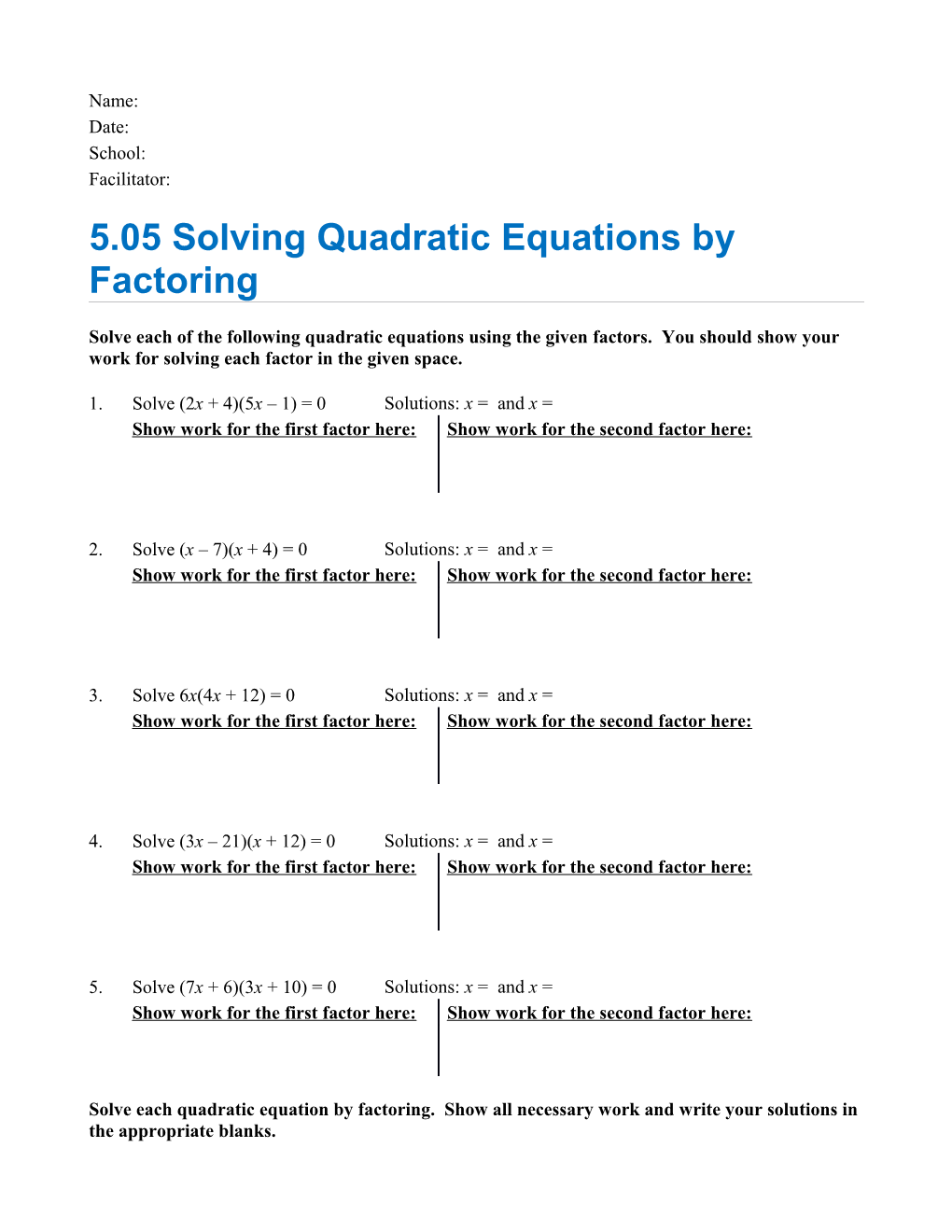 5.05 Solving Quadratic Equations by Factoring