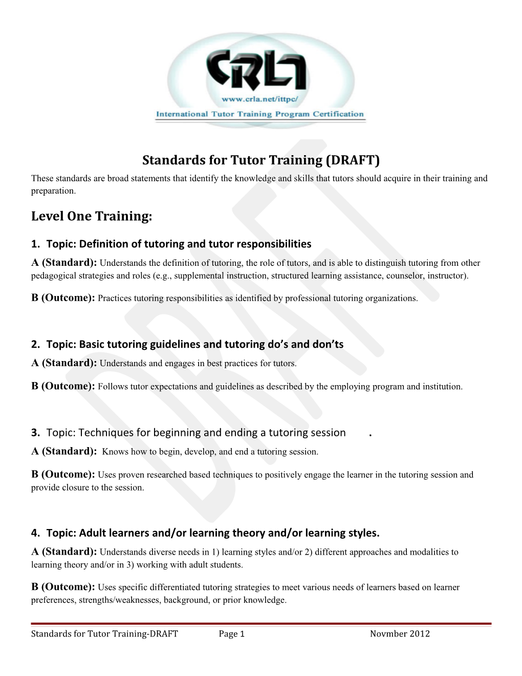 Standards for Tutor Training (DRAFT)