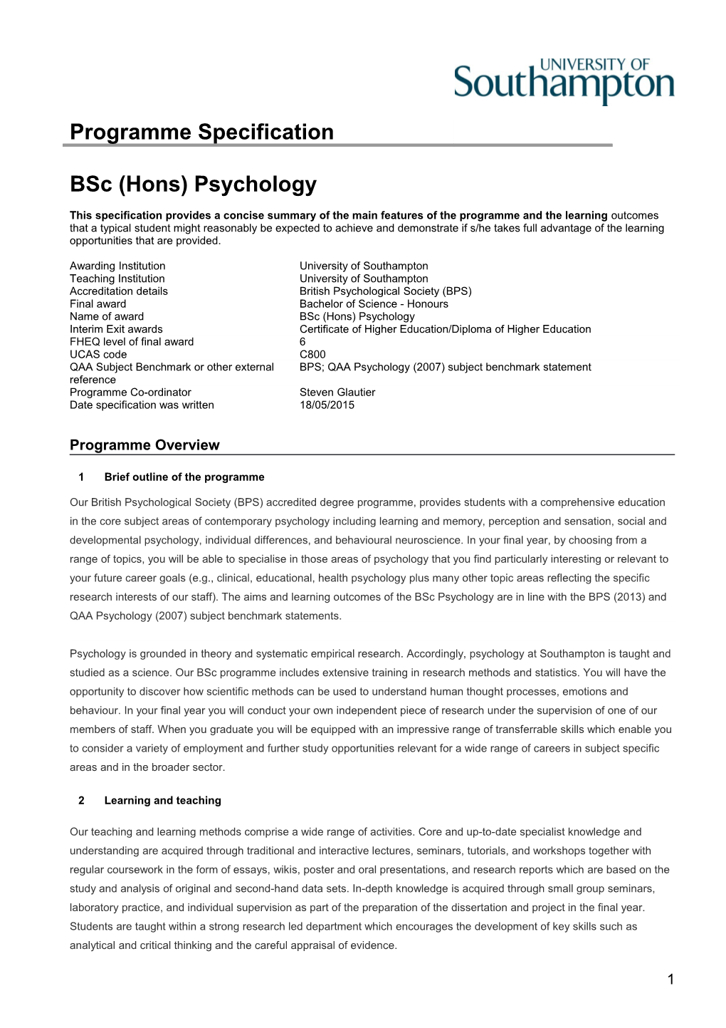 Programme Specification Bsc Psychology (New Curriculum) Cor