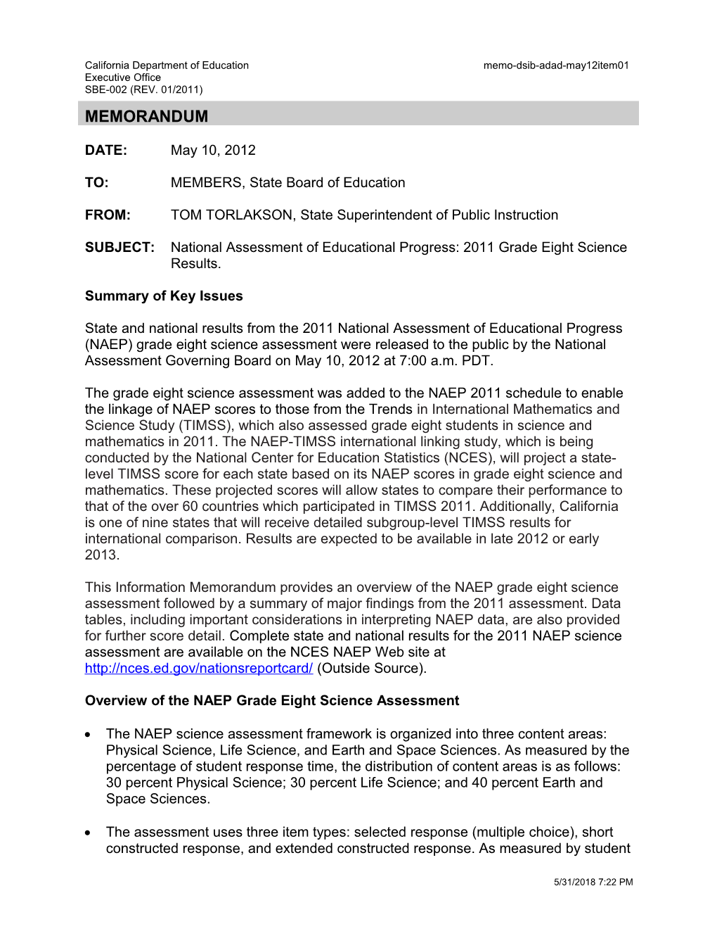 May 2012 Memorandum ADAD Item 1 - Information Memorandum (CA State Board of Education)