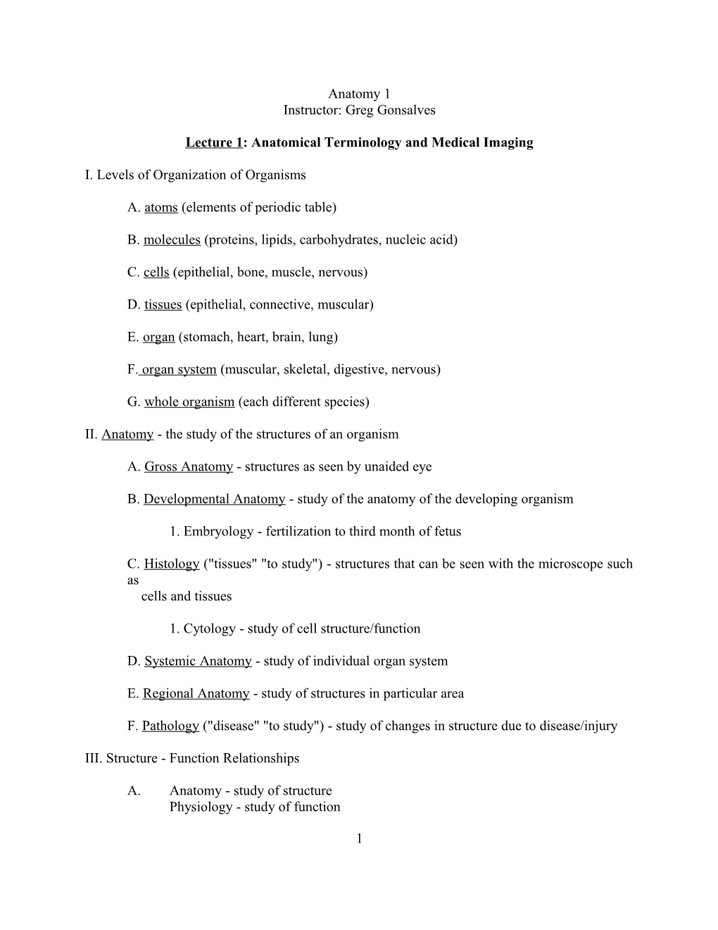 Lecture 1: Anatomical Terminology and Medical Imaging