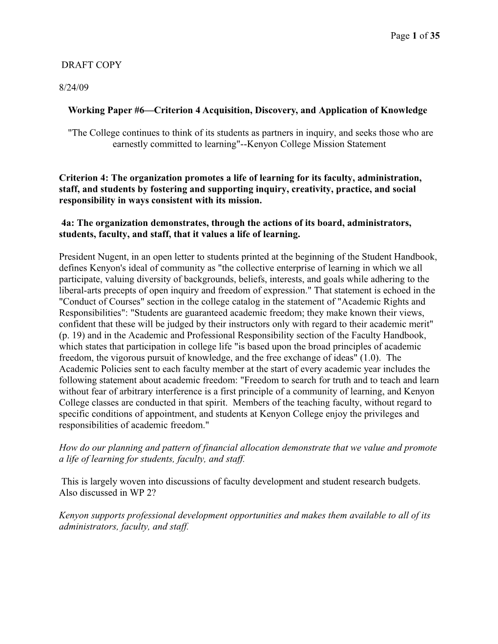 Working Paper #6 Criterion 4 Acquisition, Discovery, Andapplication of Knowledge