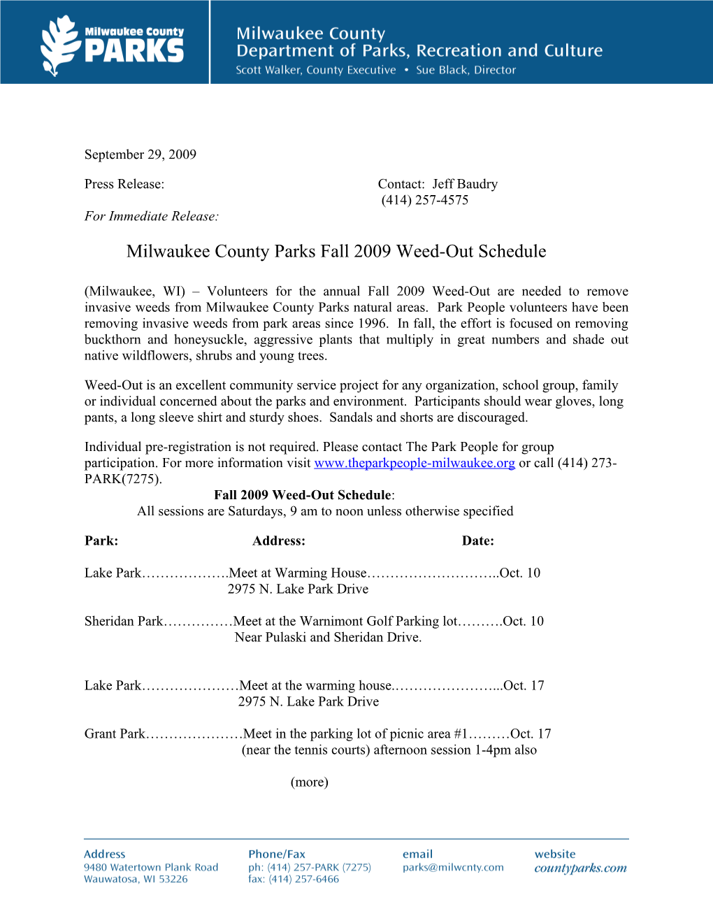 Milwaukee County Parks Fall 2009 Weed-Out Schedule