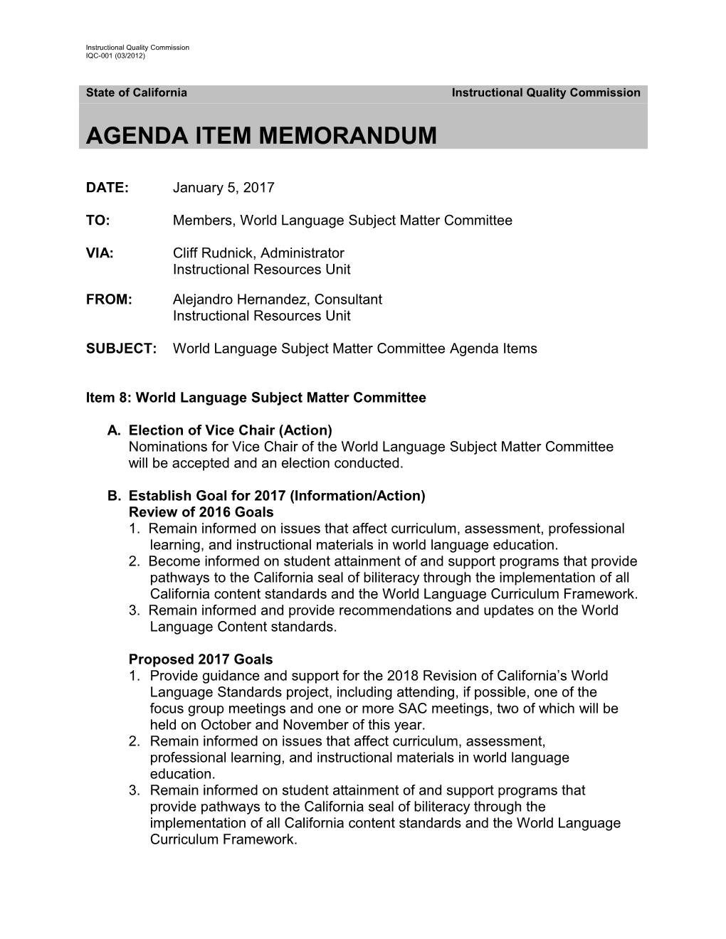 World Language SMC Agenda Items 2017 - Instructional Quality Commission (CA Dept of Education)