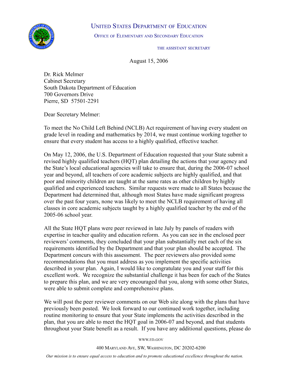 South Dakota Letter to Chief State School Officer Regarding the Peer Review Comments Of