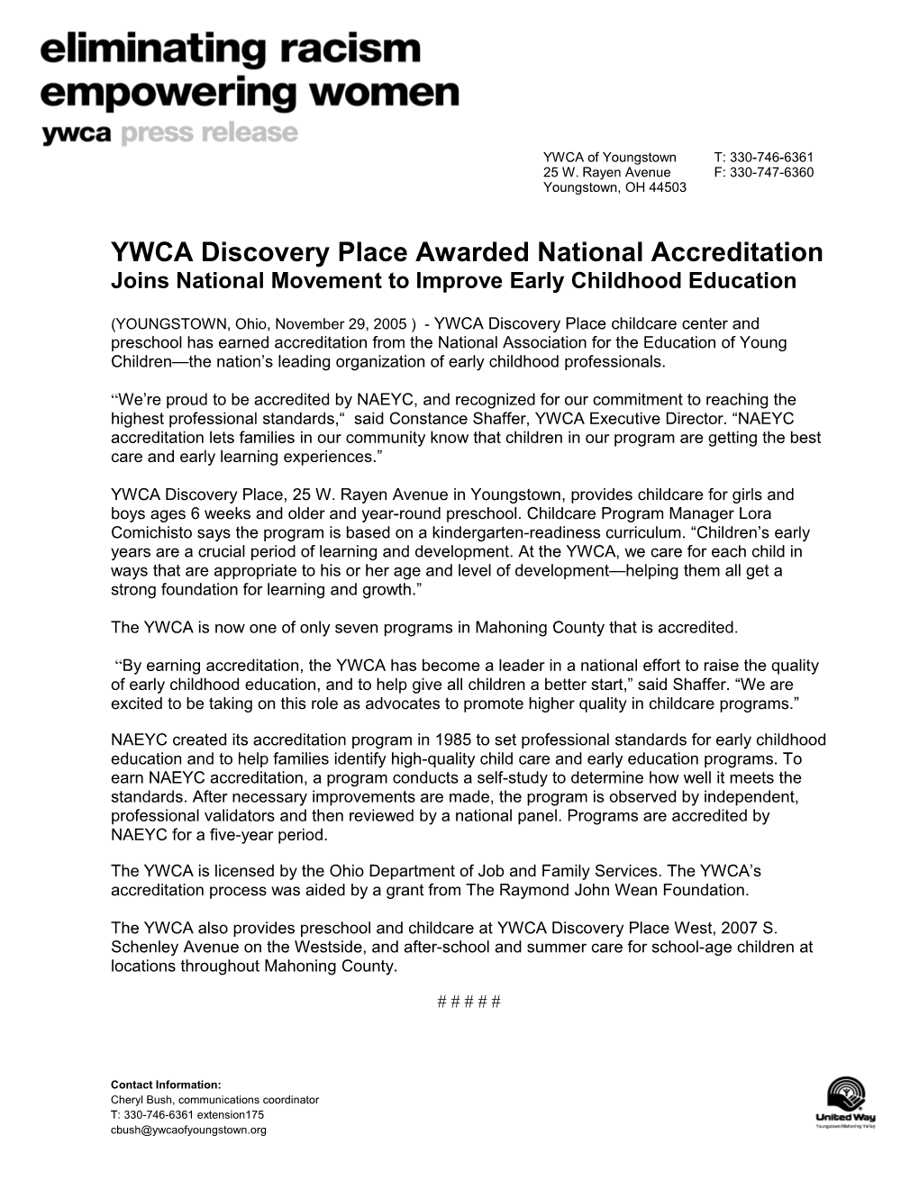 YWCA Discovery Place Awarded National Accreditation
