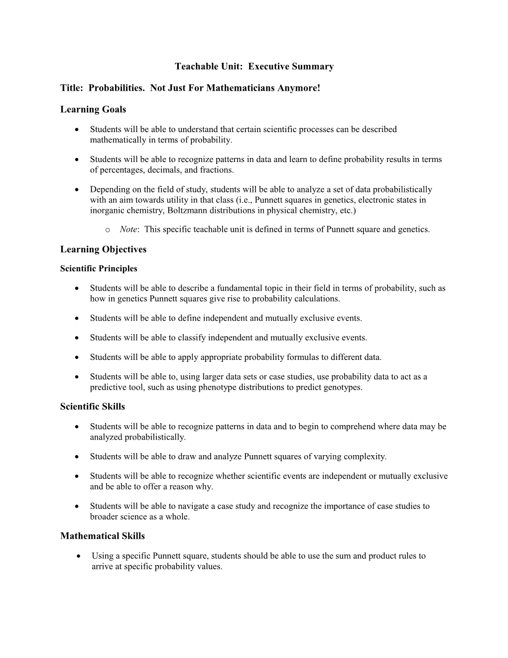 Teachable Unit: Executive Summary