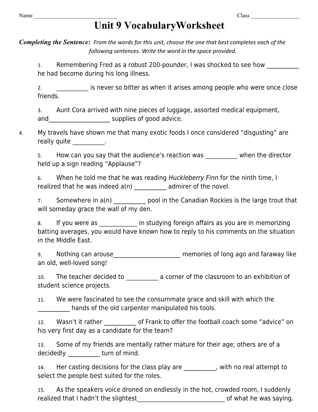 Unit 9 Vocabularyworksheet