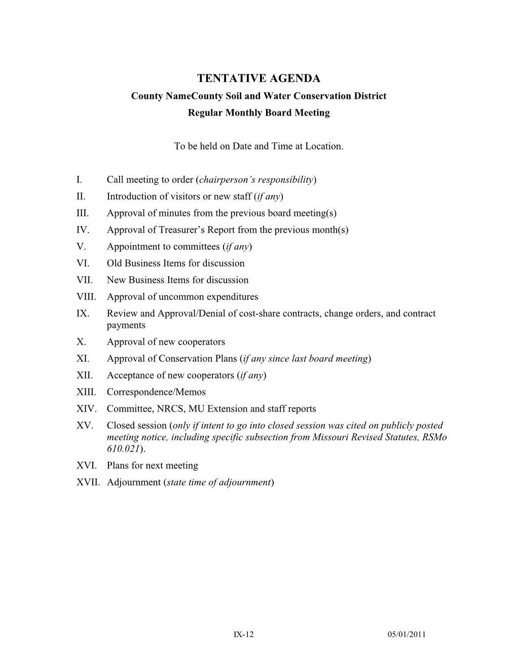 Tentative Agenda for the (District Name) County Soil and Water Conservation District S