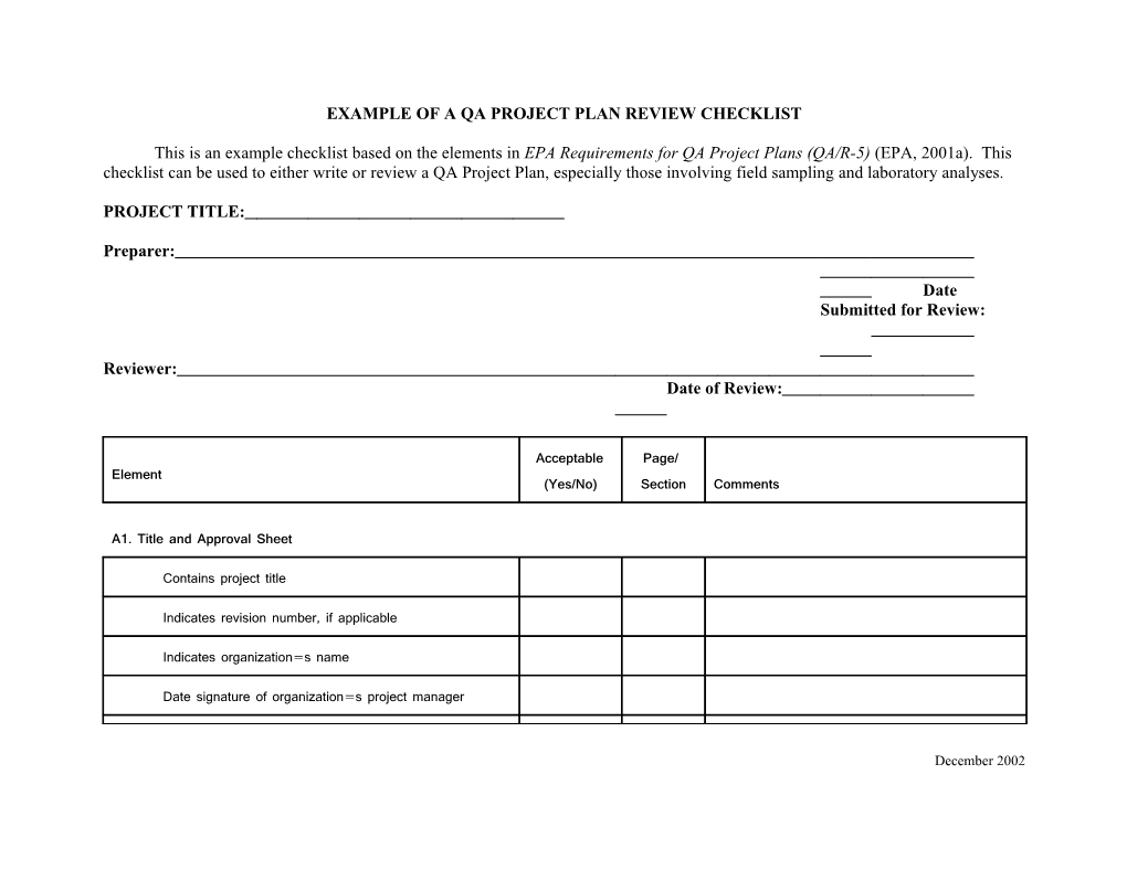 Example Of A Qa Project Plan Review Checklist