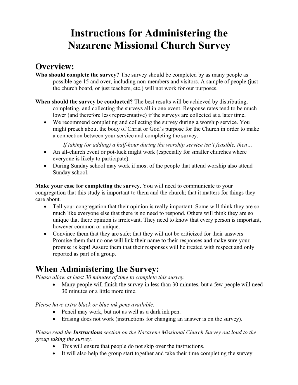 Instructions for Field Testing the Nazarene Missional Church Survey