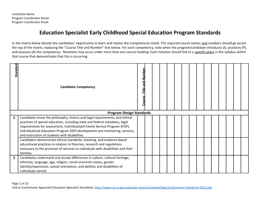 Education Specialist Early Childhood Special Educationprogram Standards