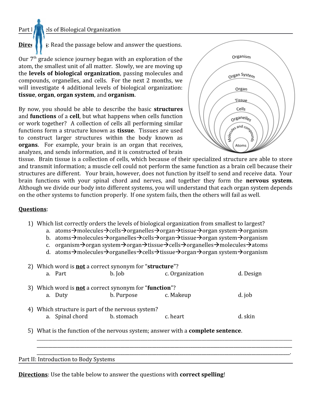 Part I: Levels of Biological Organization