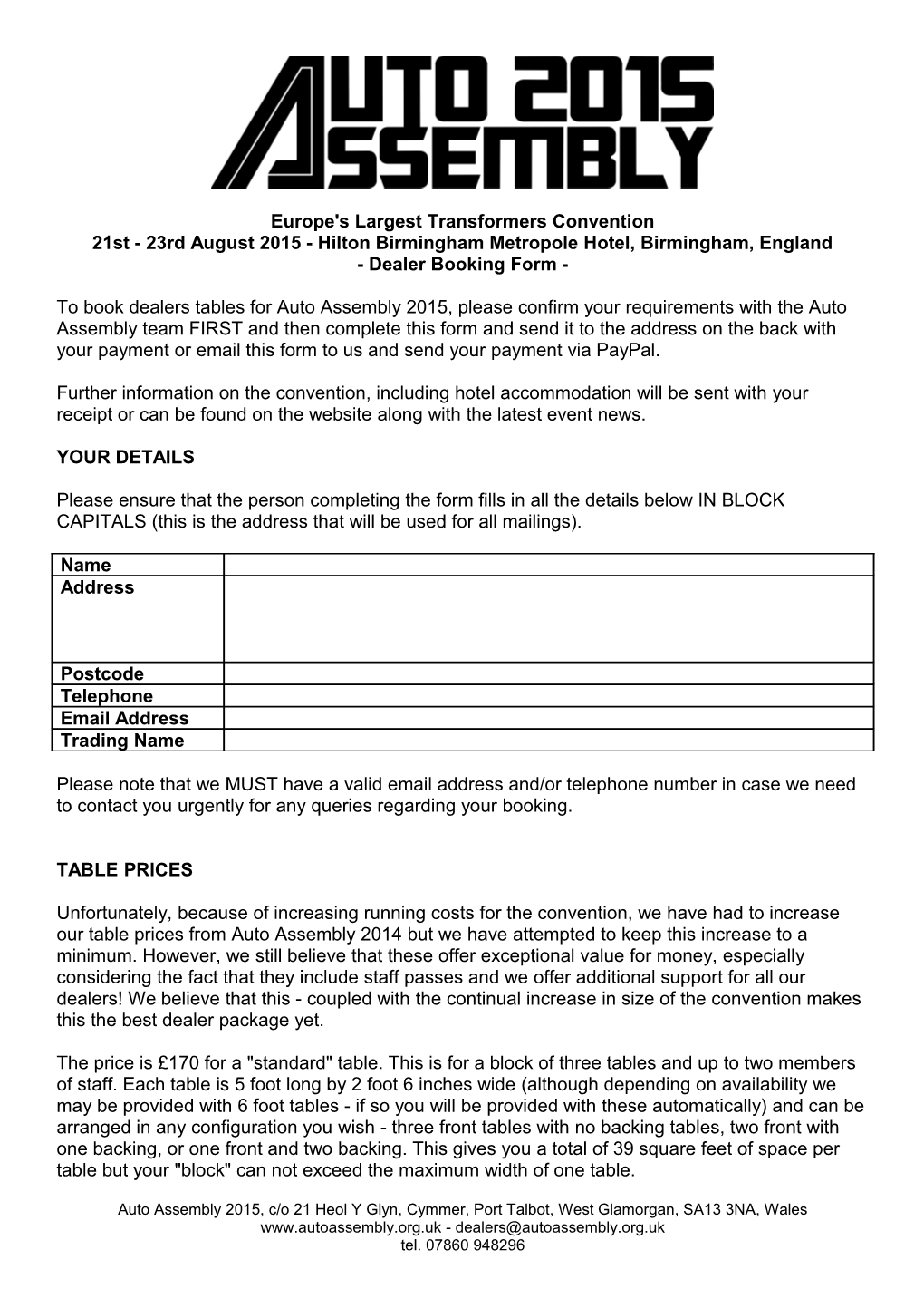 Auto Assembly 2005 Booking Form