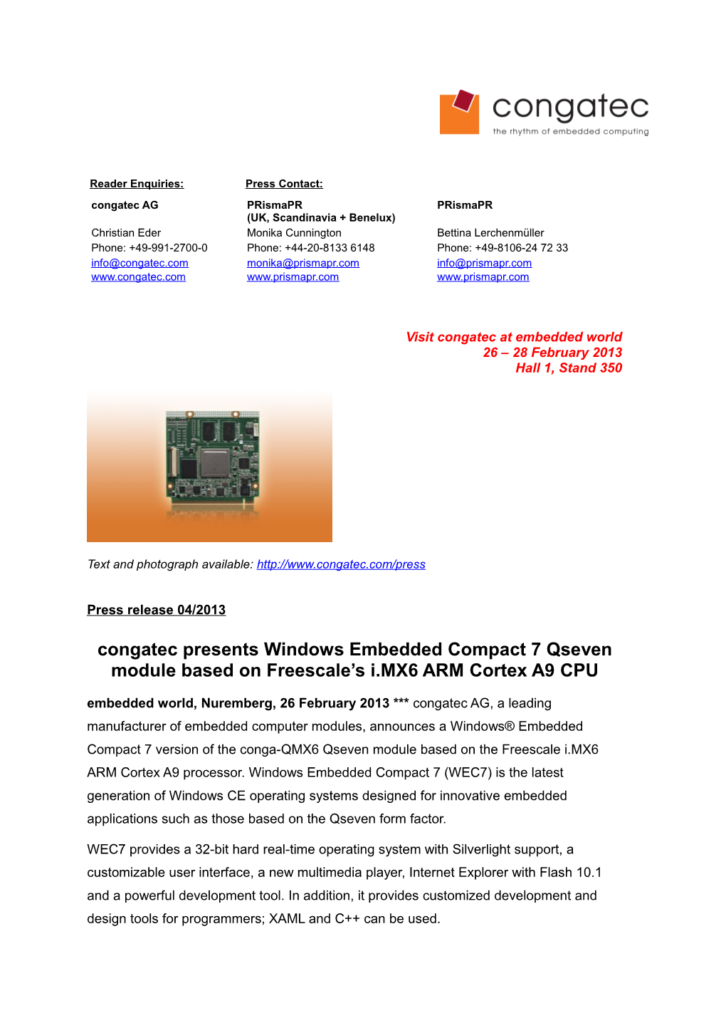 Congatec Presents Windows Embedded Compact 7 Qseven Module Based On Freescale’S I.MX6 ARM Cortex A9 CPU