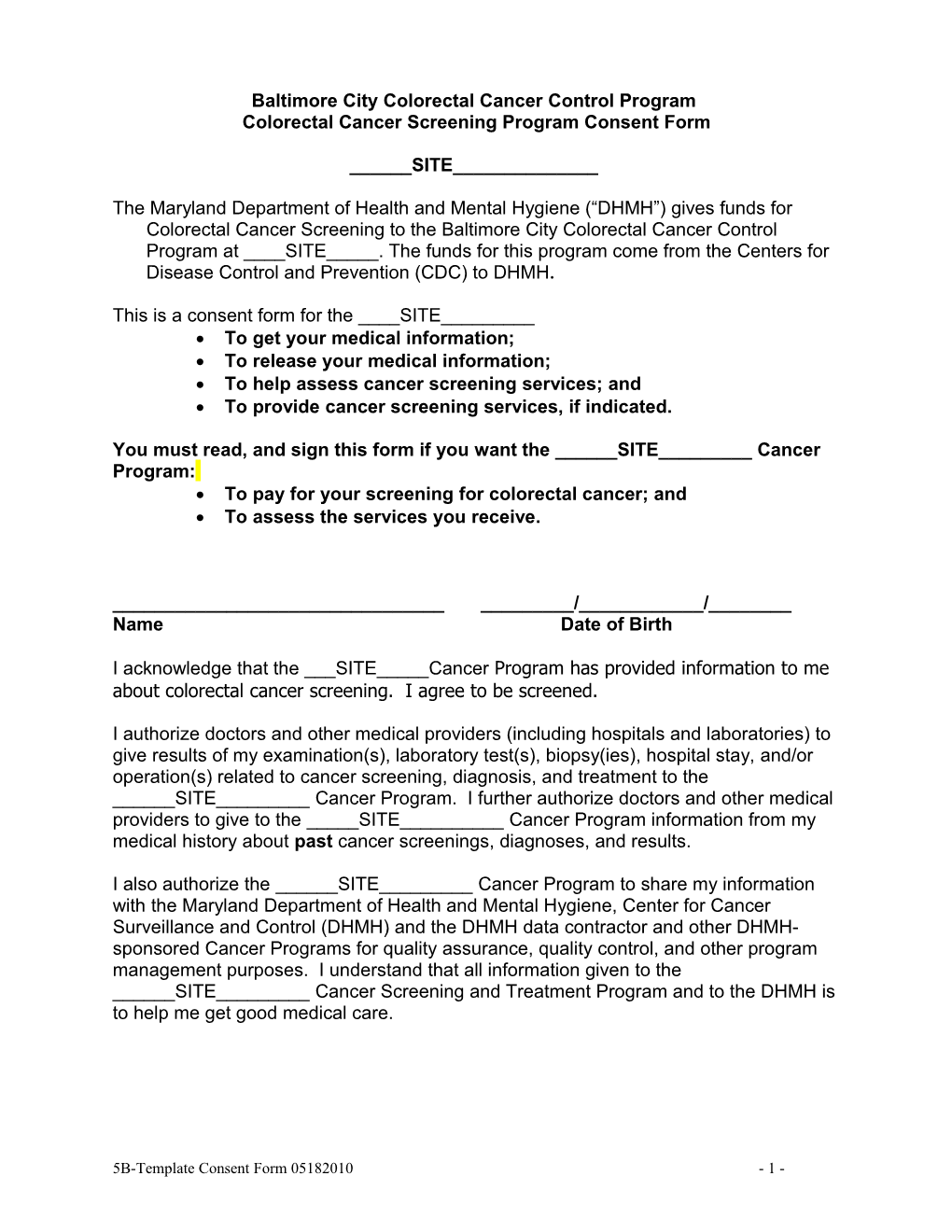 Colorectal Cancer Screening Program Consent Form