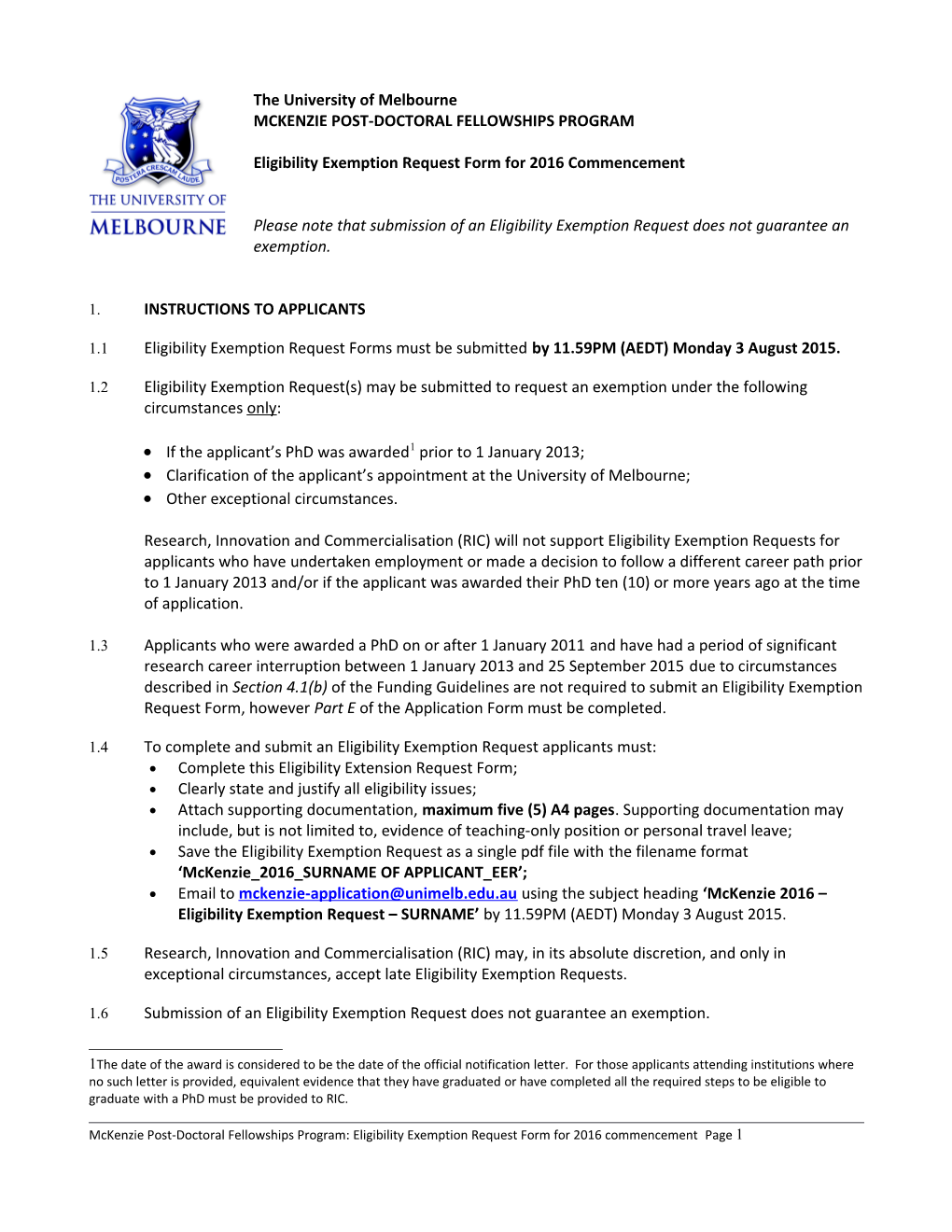 Discovery Project Eligibility Exemption Request - for Funding Commencing in 2011