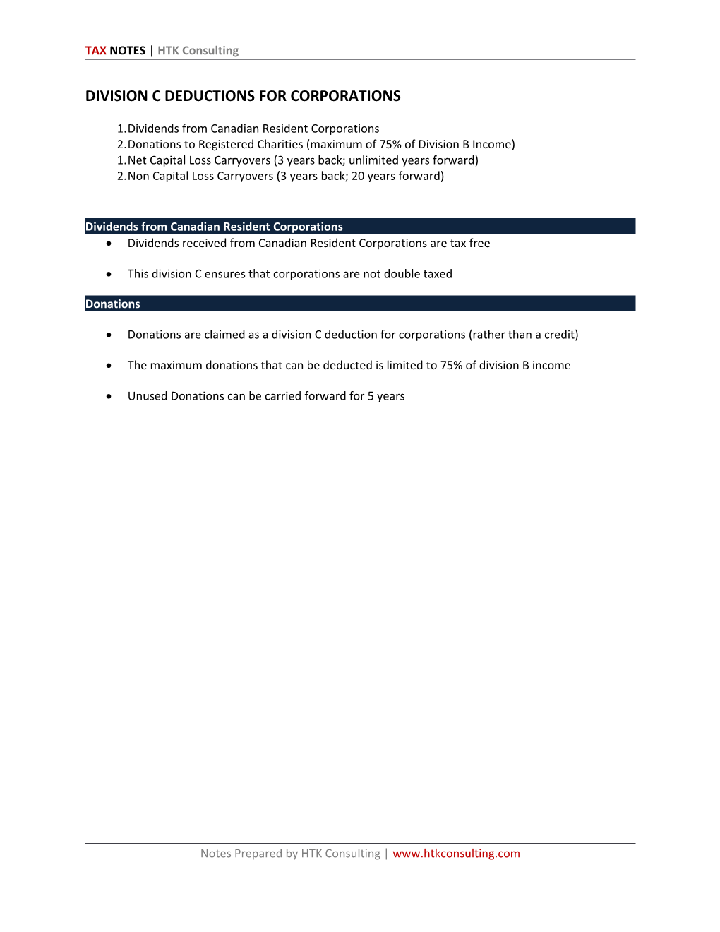 Division C Deductions for Corporations