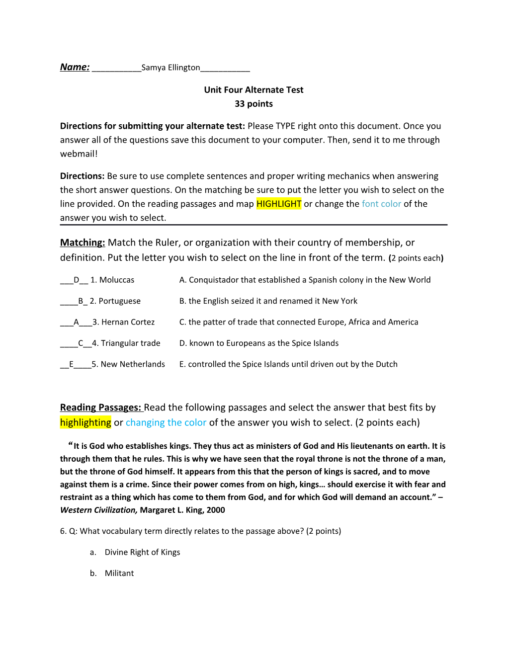 Unit Four Alternate Test 33 Points