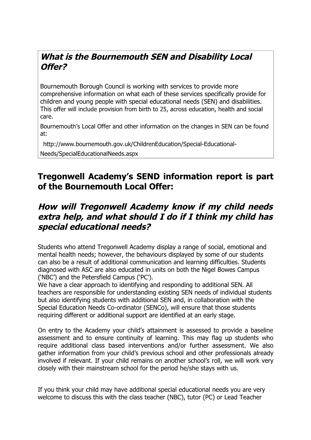 Tregonwell Academy S SEND Information Report Is Part of the Bournemouth Local Offer