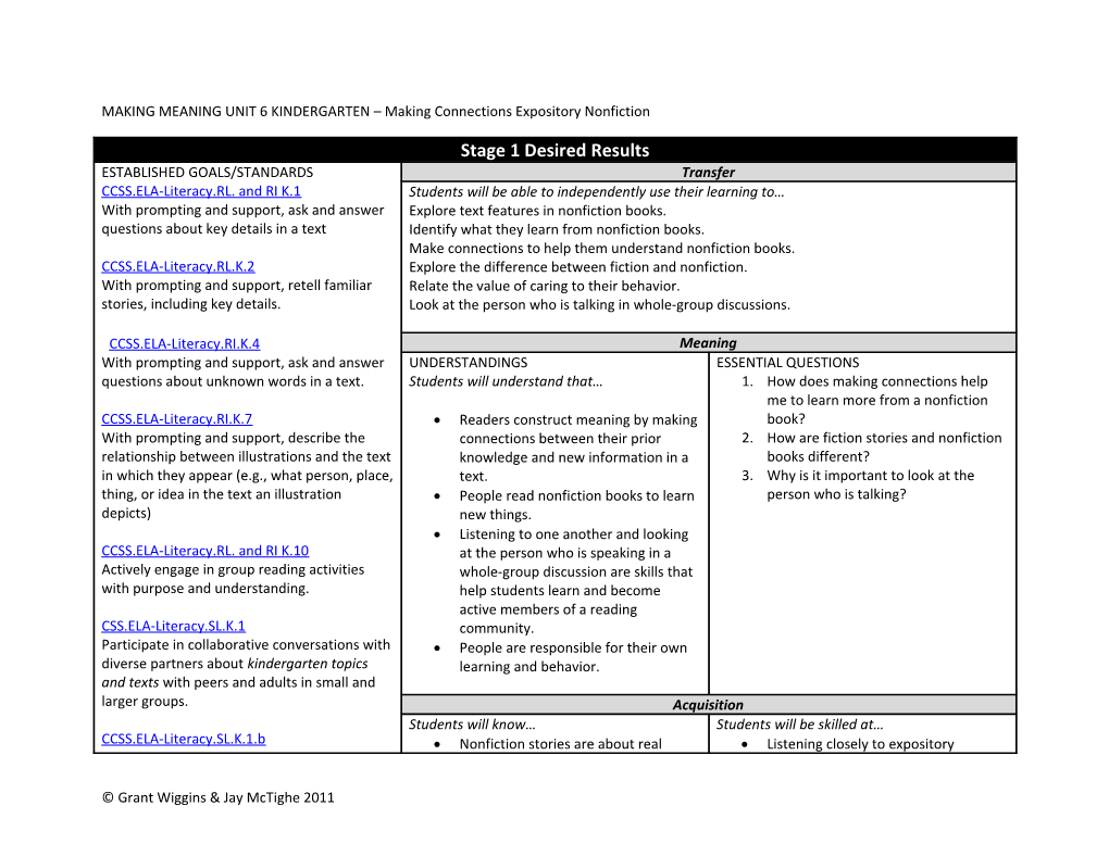 MAKING MEANING UNIT 6 KINDERGARTEN Making Connections Expository Nonfiction