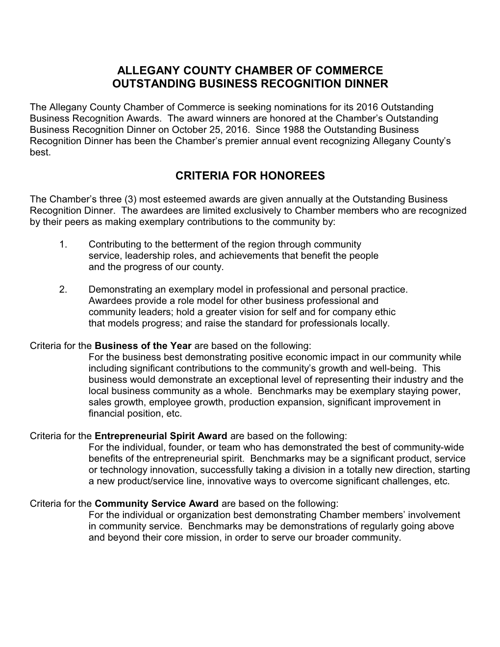 NOMINATION PACKAGES for OUTSTANDING BUSINESS RECOGNITION AWARDS