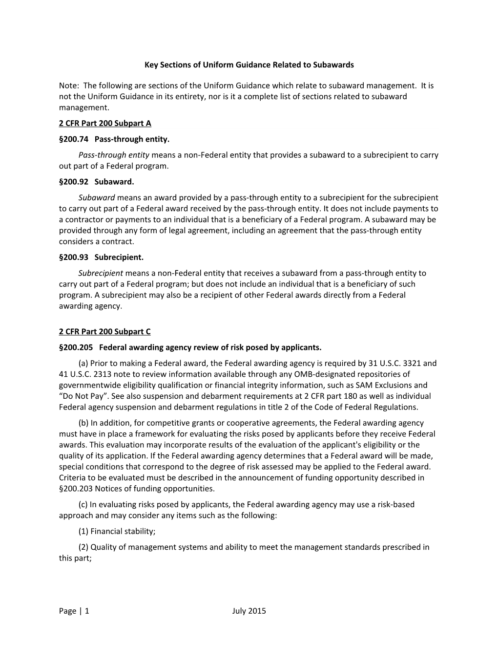 Key Sections of Uniform Guidance Related to Subawards