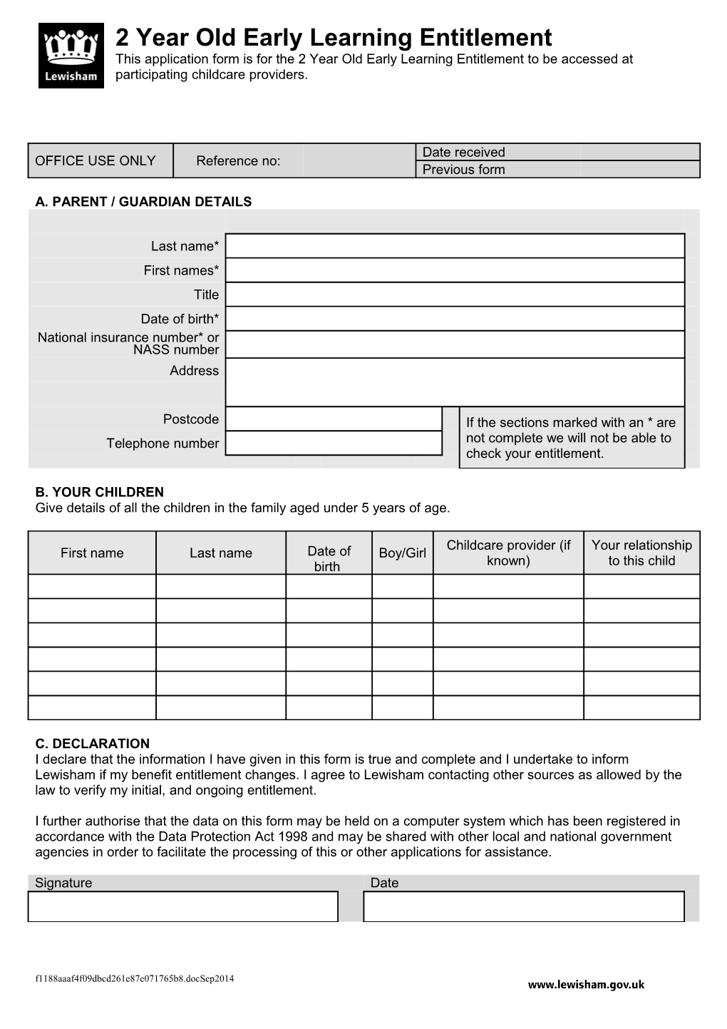 2 Year Old Early Learning Entitlement Form