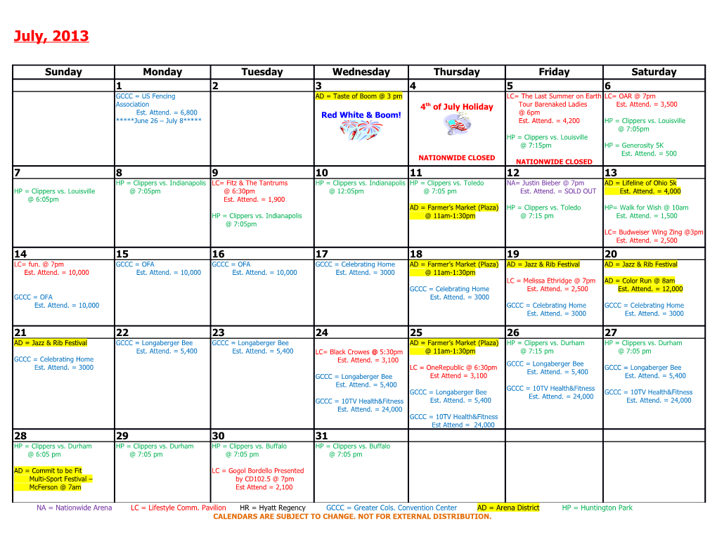 Calendars Are Subject to Change. Not for External Distribution s3