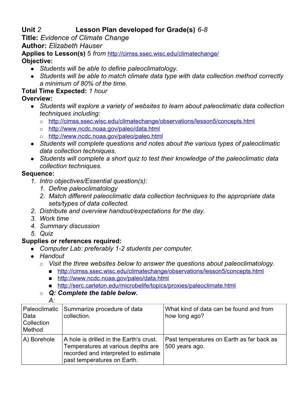 Unit 2 Lesson Plan Developed for Grade(S) 6-8