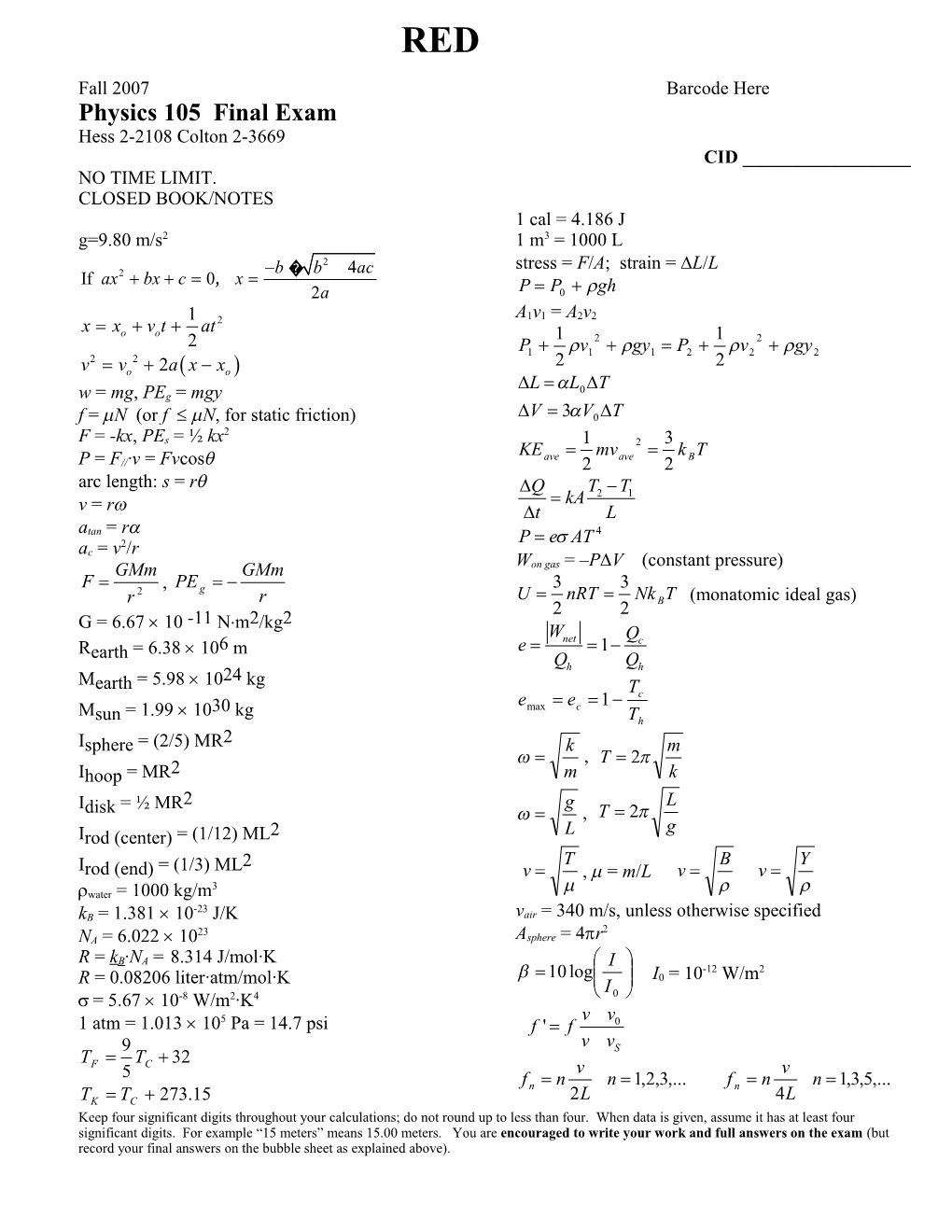 Physics 105 Final Exam