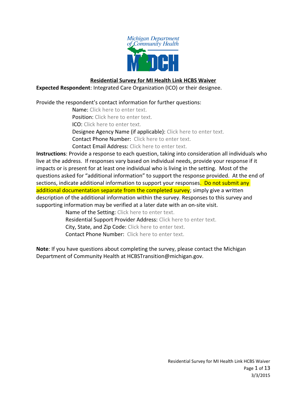 Residential Survey for MI Health Link HCBS Waiver