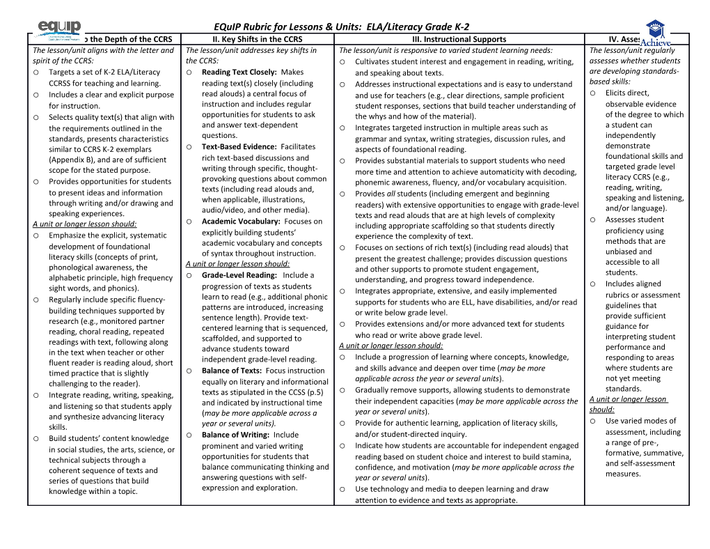Equip Rubric for Lessons & Units: ELA/Literacy Grade K-2