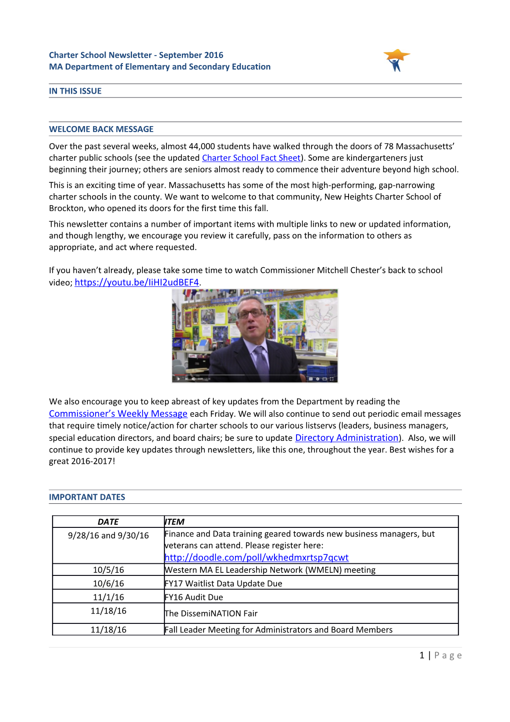 Charter School Newsletter - September 2016