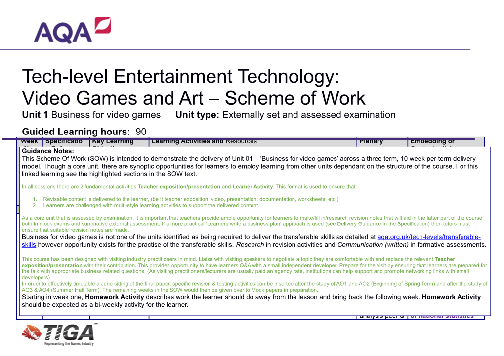 Tech-Level Video Games Art and Design Scheme of Work Unit Business for Video Games