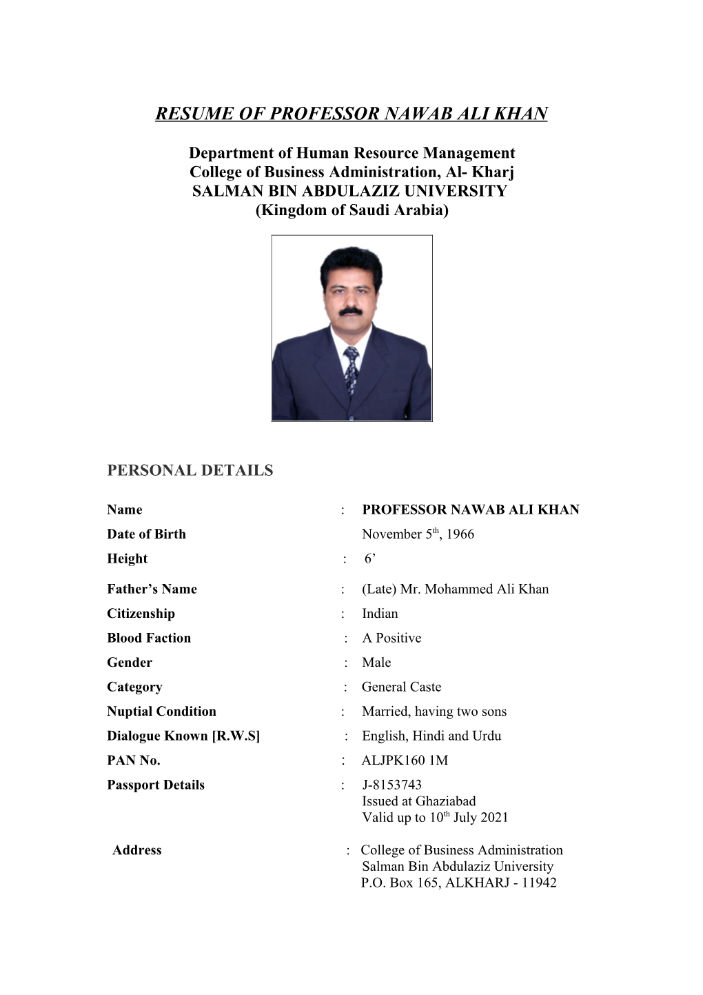 Resume of Professor Nawab Ali Khan